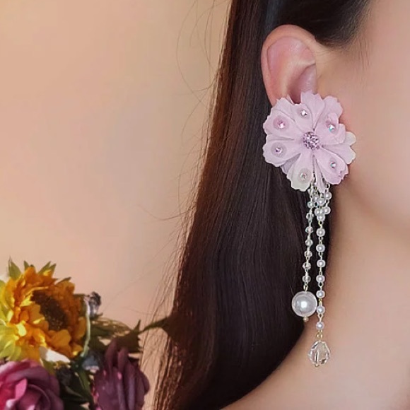 ⭐️ Big Pink Fabric Drop Long Crystals Earrings - Picture 2 of 5